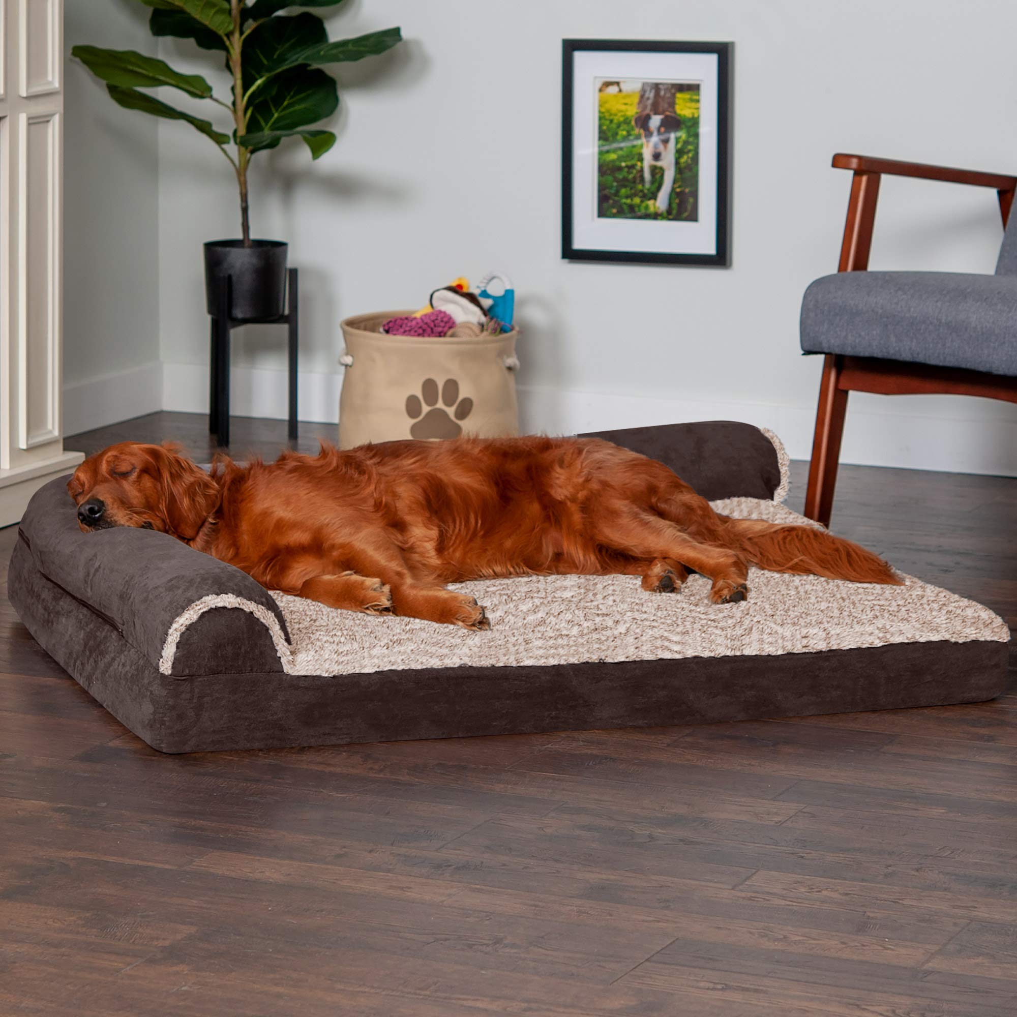 Furhaven Memory Foam Dog Bed For Large Dogs W/ Removable Bolsters & Washable Cover, For Dogs Up To 95 Lbs - Two-Tone Plush Faux